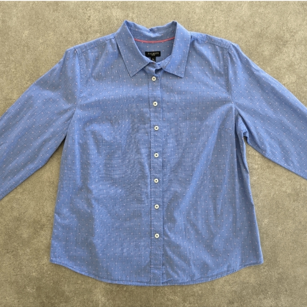 Talbots button down long sleeve top, blue and pink, size medium petite